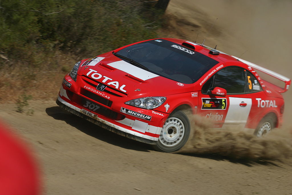 Marcus Grönholm driving his Peugeot 307 WRC during the shakedown of the 2004 Cyprus Rally