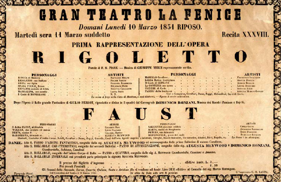 Poster for the world premiere of Verdi's opera Rigoletto (11 March 1851)