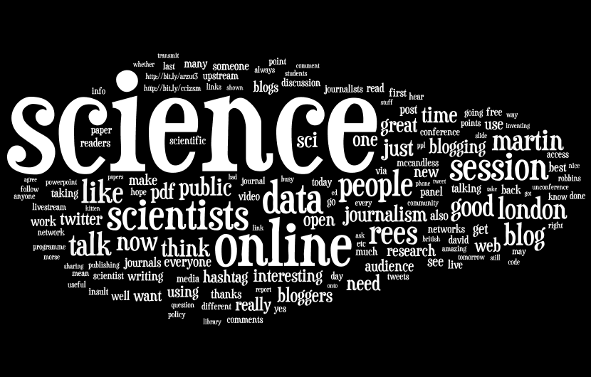 Word cloud of tweets from Science Online 2010, generated using Wordle