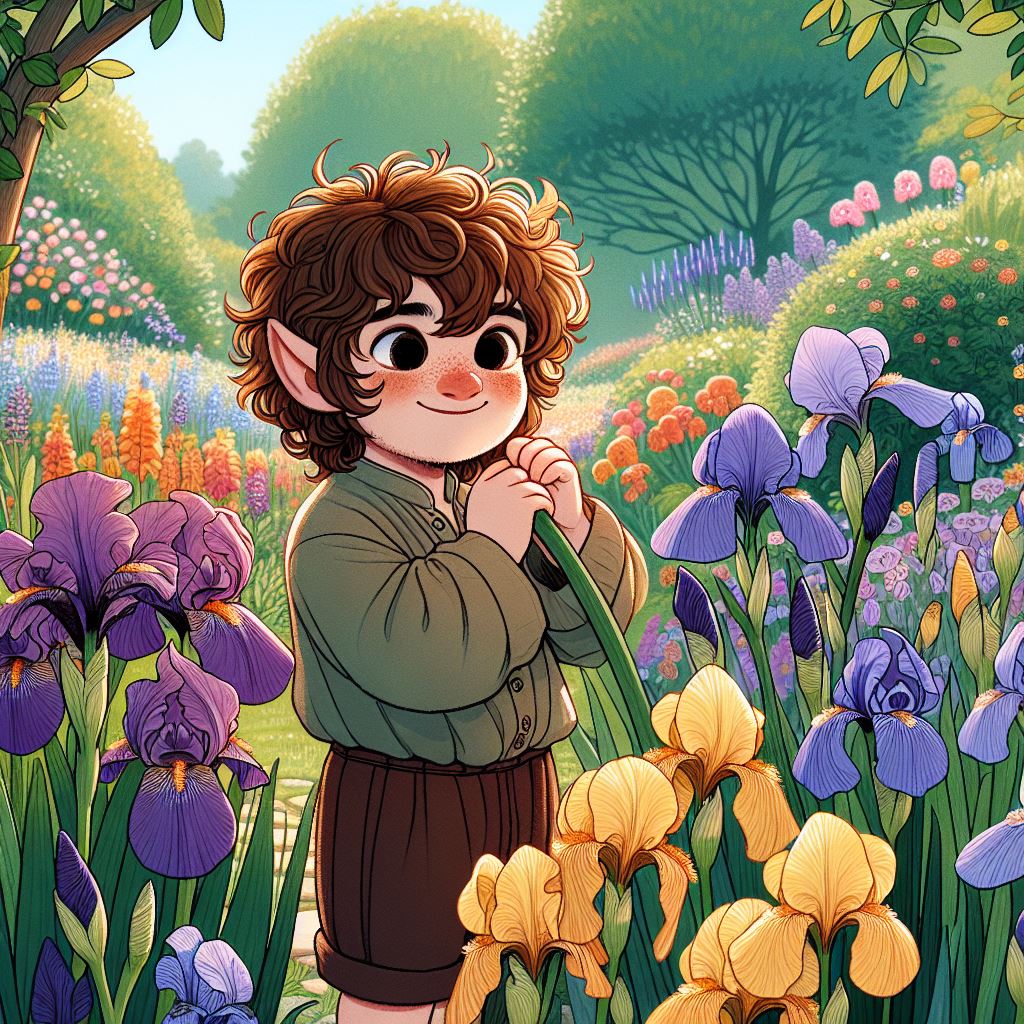 Hobbit con flores Iris