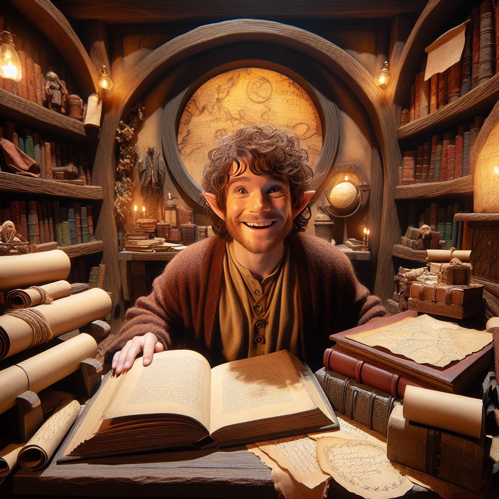 Hobbit con muchos libros