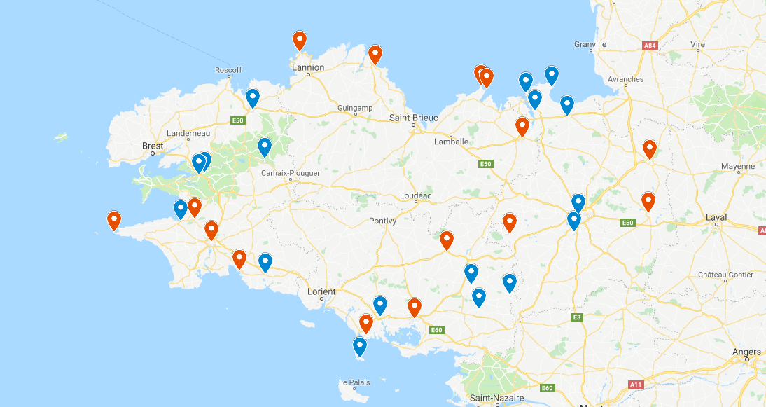 Map with the main places to visit in Brittany